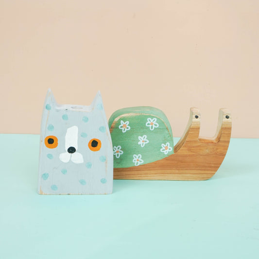 Wooden animal cat snail duck decor for a kid's woodland playroom wood theme
